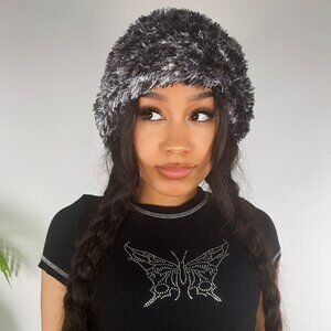 Womens Black & Gray Fuzzy Knit Beanie Boho Grunge Granola Punk Shaggy Bucket Hat